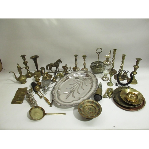 1350 - Collection of brassware and metal ware inc. figures, candle sticks, tray, etc. (qty. in 2 boxes)