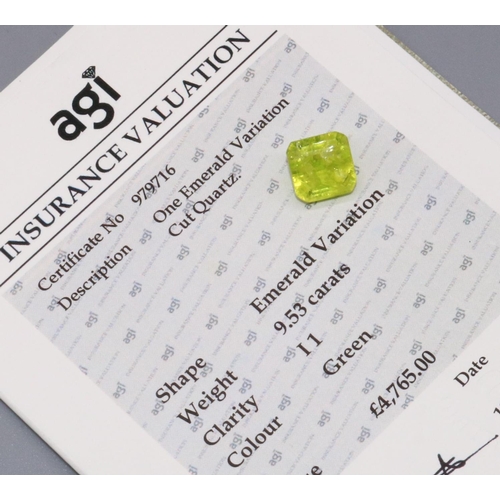 1023 - Emerald variation cut quartz, 9.53 carats, I1 clarity, with AGI certificate of authenticity
