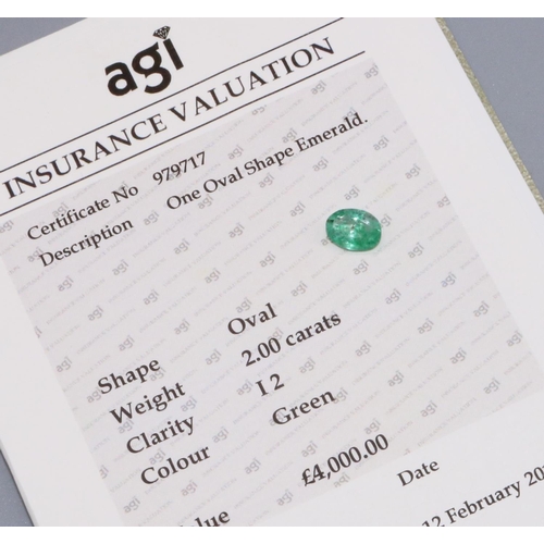 1033 - Oval cut emerald, 2.00 carats, I2 clarity, with AGI certificate of Authenticity