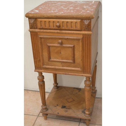 1425 - C20th French walnut bedside cabinet, with rouge marble top and frieze drawer above fall front with m... 