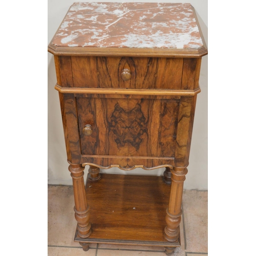 1417 - C20th French figured walnut bedside cabinet, with rouge marble top, frieze drawer and door with marb... 