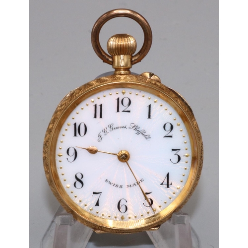 1070 - Swiss retailed by J. G. Greaves Sheffield, ladies 18k gold open face fob watch, named guilloche enam... 