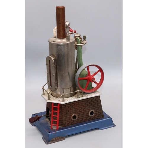 1167 - Wilesco German tinplate D455 vertical stationary live steam engine, with burner sight glass and whis... 