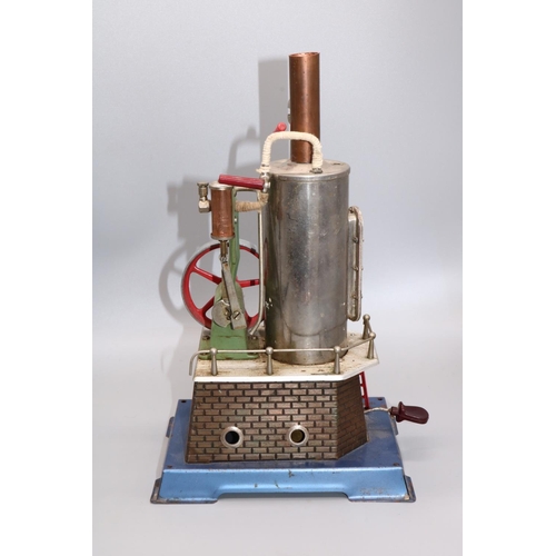 1167 - Wilesco German tinplate D455 vertical stationary live steam engine, with burner sight glass and whis... 