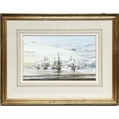 1358 - David G Bell (British C20th); British and French warships, pair of watercolours, signed, 24cm x 38cm... 