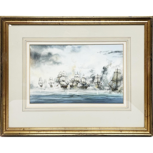 1358 - David G Bell (British C20th); British and French warships, pair of watercolours, signed, 24cm x 38cm... 