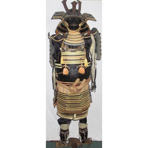 1189 - Japanese mounted Samurai suit of armour, complete with Kabuto (helmet) and Mempo (face mask) on moun... 