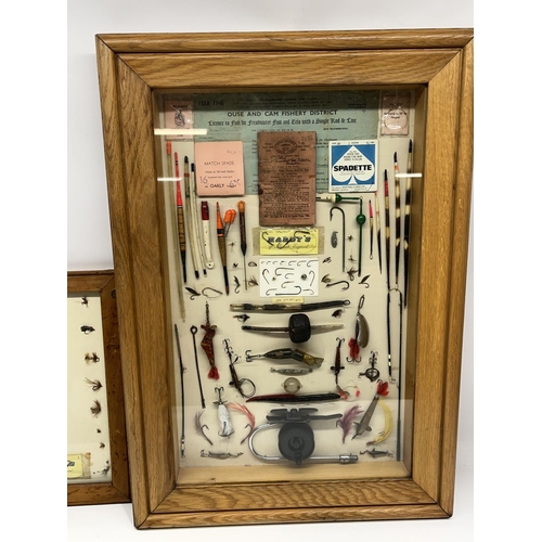 1236 - Framed angling montage incl; 1946 Ouse and Cam Fishery District Licence, 1935-36 Sheffield Amalgamat... 