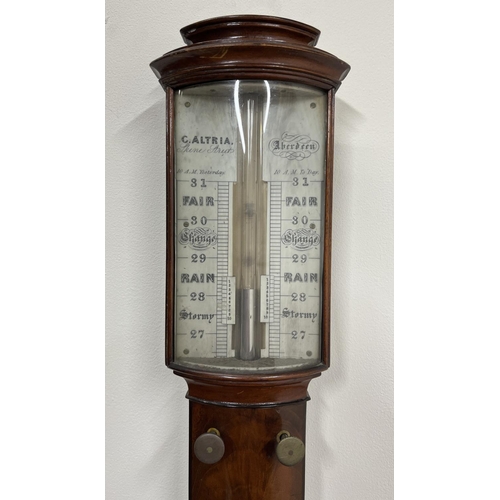 1240 - C Altria, Skene Street, Aberdeen - C19th century figured mahogany stick barometer, moulded cornice a... 