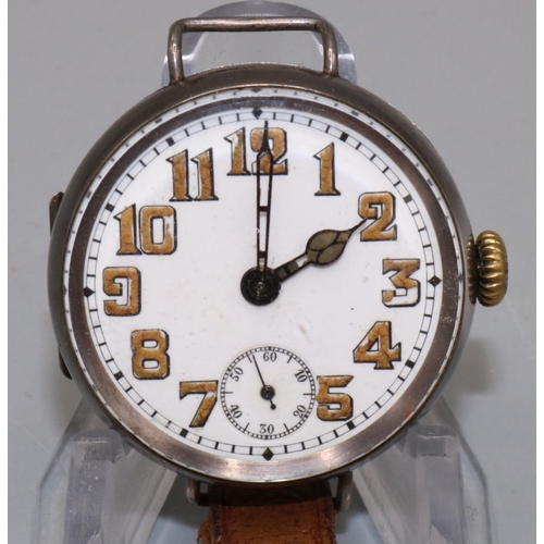 1066 - Rolex hallmarked silver trench wristwatch, white enamel Arabic dial with skeletonised numerals, cath... 