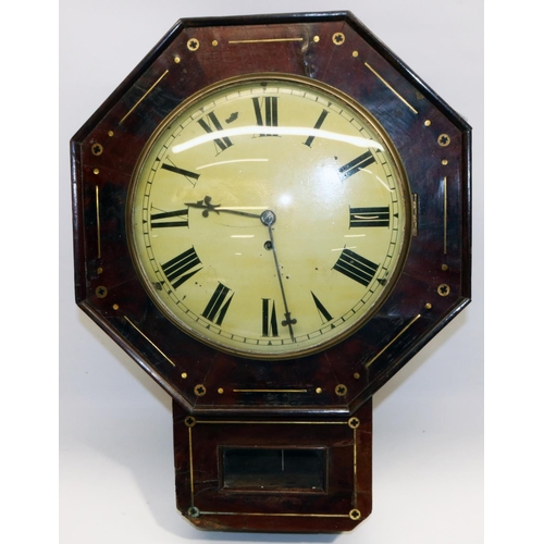 1259 - Victorian mahogany drop dial wall timepiece, octagonal brass inlaid case with framed pendulum apertu... 