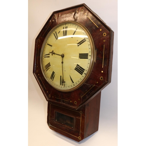 1259 - Victorian mahogany drop dial wall timepiece, octagonal brass inlaid case with framed pendulum apertu... 