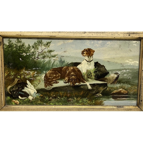 1385 - English School (Early C20th); Gundogs with game, overpainted oil on ceramic panel, 20cm x 40cm