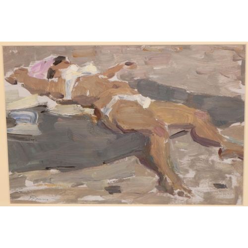 1348 - Galina Rumiantseva (Russian 1927-2004); Girl sunbathing in a white bikini, oil on card, signed 20cm ... 