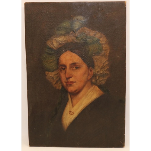 1383 - English School (C19th); Portrait of a lady, head and shoulder, wearing blue ribbon tied lace bonnet ... 