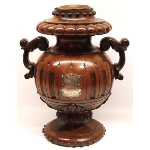 1150 - Large mahogany two handled urn shaped newel post or balustrade finial with hallmarked silver shield ... 