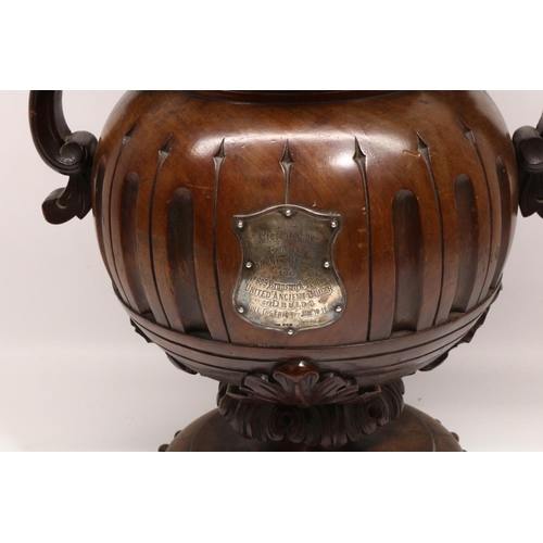 1150 - Large mahogany two handled urn shaped newel post or balustrade finial with hallmarked silver shield ... 