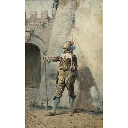 1364 - Federico Bartolini (1861-1908); Soldier before a city wall, watercolour, signed and inscribed Roma, ... 