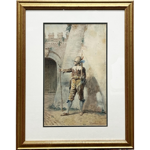 1364 - Federico Bartolini (1861-1908); Soldier before a city wall, watercolour, signed and inscribed Roma, ... 