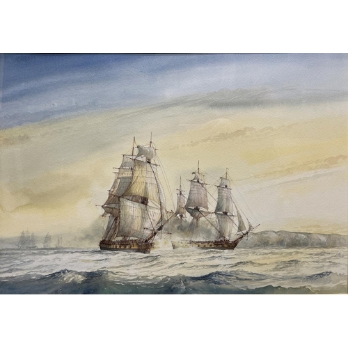 1359 - David G. Bell (British C20th); Two Gunships off the Coast, watercolour, signed, 45cm x 66cm