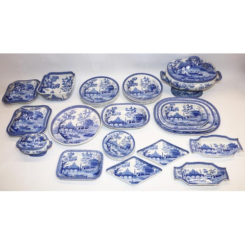 1105 - Large collection of Spode blue and white transfer printed Tiber pattern dinnerware incl; Soup tureen... 