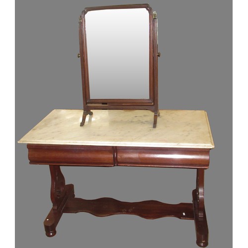 1416 - Victorian mahogany washstand, with white marble top and two frieze drawers on gothic pierced end sup... 