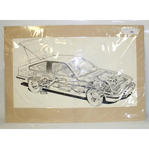 470 - Original cutaway ink drawing of an early production Vauxhall Hatchback for Autocar magazine. Unknown... 