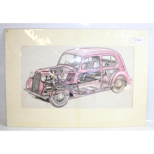 471 - Original cutaway ink drawing of a 1937 Vauxhall Saloon car, by artist Max Millar, and  John Palmer. ... 