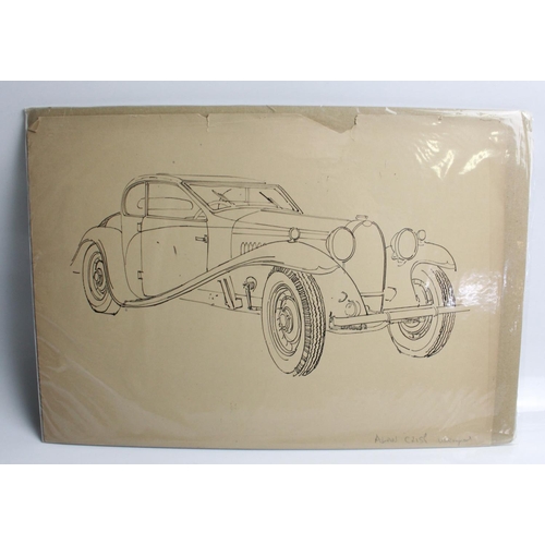 473 - Pen and ink drawing of a Bugatti Type 46 Super Profile by Alan Crisp, dated 1930. 38cmx26cm. An unfi... 