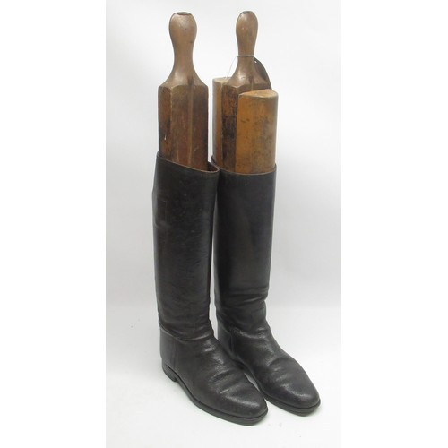 1239 - Pair of Vintage black leather riding boots, size 7 1/2 E, with leather soles and four piece wooden s... 