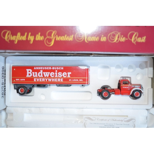 69 - Three boxed 1/58 scale Budweiser themed diecast truck models to include Matchbox Collectibles DYM382... 