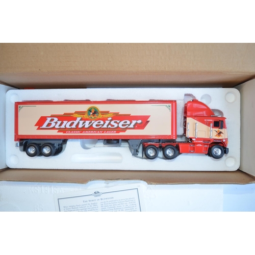 69 - Three boxed 1/58 scale Budweiser themed diecast truck models to include Matchbox Collectibles DYM382... 