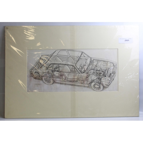 476 - Original pen and ink cutaway drawing of a Vauxhall Viva, by John Hostler, and another by Dick Ellis.... 