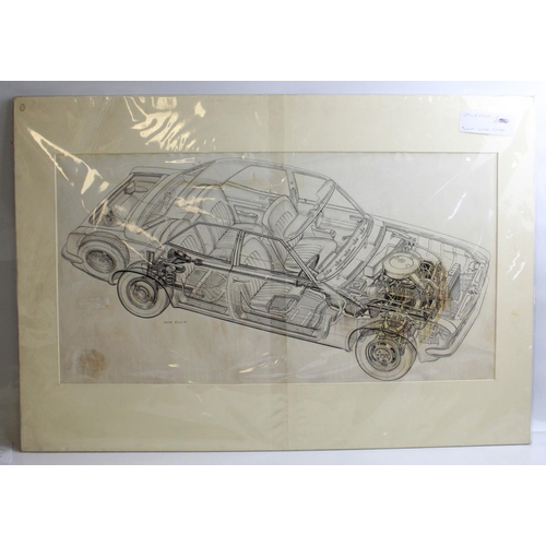 476 - Original pen and ink cutaway drawing of a Vauxhall Viva, by John Hostler, and another by Dick Ellis.... 