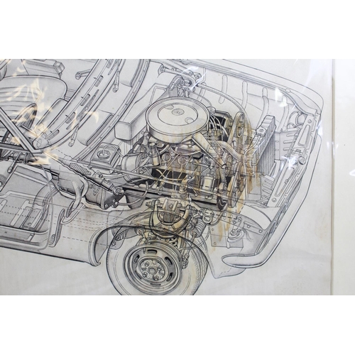 476 - Original pen and ink cutaway drawing of a Vauxhall Viva, by John Hostler, and another by Dick Ellis.... 