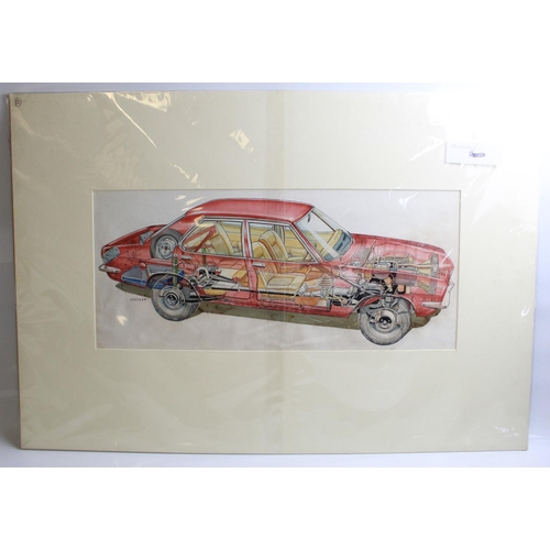 478 - Original ink and paint coloured cutaway  drawing of a Vauxhall Viva, by John Hostler. Size of frame ... 