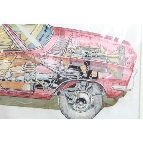 478 - Original ink and paint coloured cutaway  drawing of a Vauxhall Viva, by John Hostler. Size of frame ... 