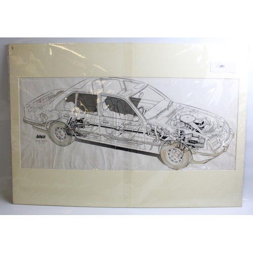 479 - Original pen and ink cutaway drawing of Vauxhall Cavalier for an issue of The Autocar Magazine, by D... 