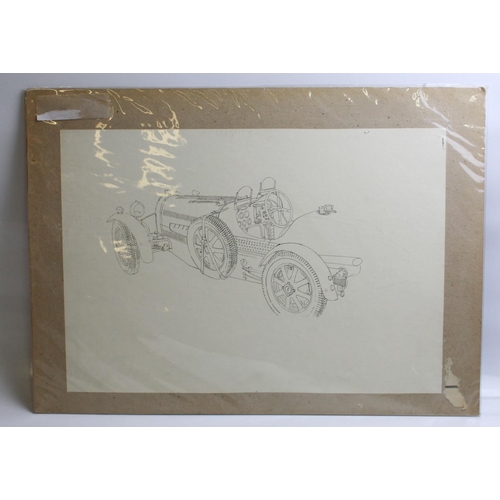 481 - Two unfinished pen and ink drawings of vintage Bugatti motors, by Alan Crisp(unsigned) 47cm x 33cm. ... 