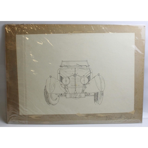 481 - Two unfinished pen and ink drawings of vintage Bugatti motors, by Alan Crisp(unsigned) 47cm x 33cm. ... 