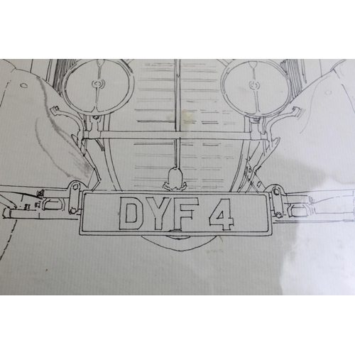 481 - Two unfinished pen and ink drawings of vintage Bugatti motors, by Alan Crisp(unsigned) 47cm x 33cm. ... 