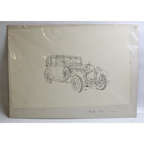 481 - Two unfinished pen and ink drawings of vintage Bugatti motors, by Alan Crisp(unsigned) 47cm x 33cm. ... 