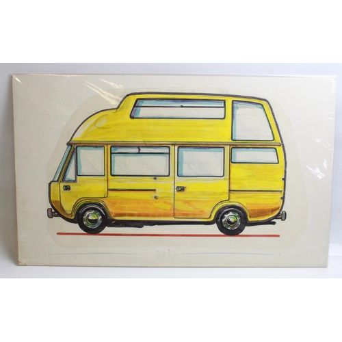 482 - Ink and watercolour painting of a prototype camper van. 55cm x 33cm. Original watercolour of a motor... 