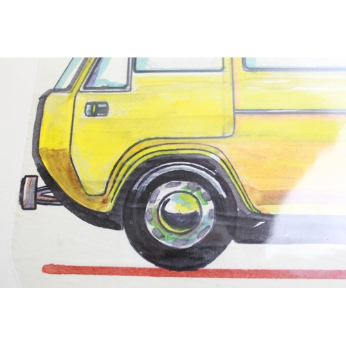 482 - Ink and watercolour painting of a prototype camper van. 55cm x 33cm. Original watercolour of a motor... 