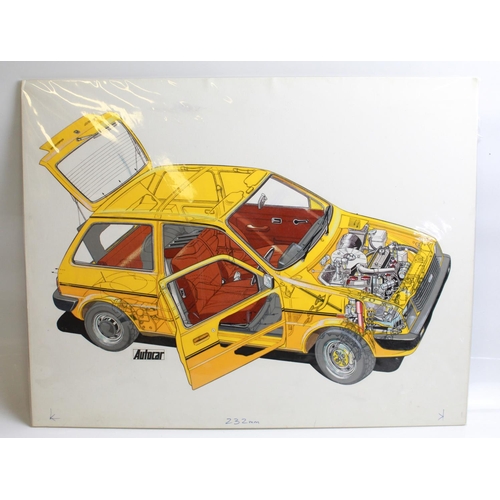 483 - Original ink and watercolour cutaway painting of an Austin Mini Metro for the Autocar Magazine. 51cm... 