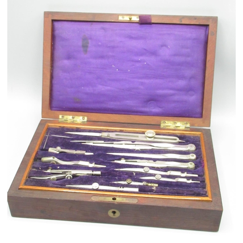 439 - Mahogany boxed set of drawing instruments, with lift out tray, pens, rulers etc., box W24cm H5.7cm D... 