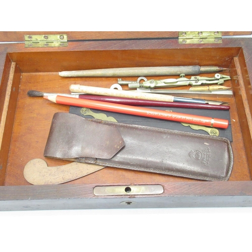 439 - Mahogany boxed set of drawing instruments, with lift out tray, pens, rulers etc., box W24cm H5.7cm D... 