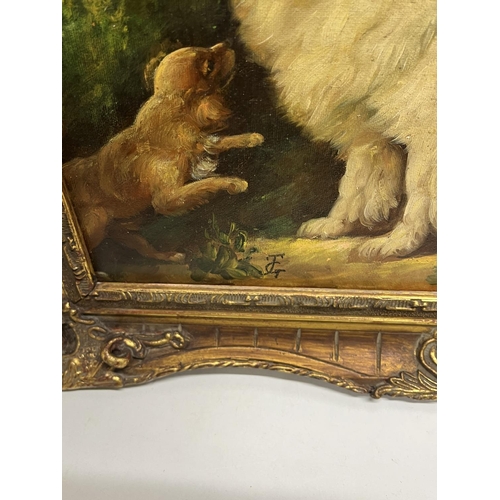 546 - English School (Contemporary); Two dogs in a landscape, oil on board, signed with initials G.J, 29cm... 