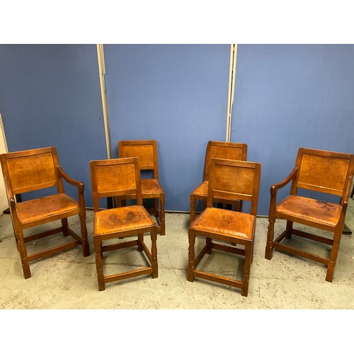 621 - Robert Mouseman Thompson of Kilburn - a set of six (4 + 2) oak dining chairs, with adzed panel backs... 