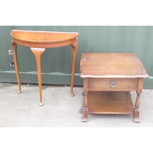 704 - C20th distressed oak two tier coffee table with drawer, possibly Bevan Funnell, and a Reprodux walnu... 